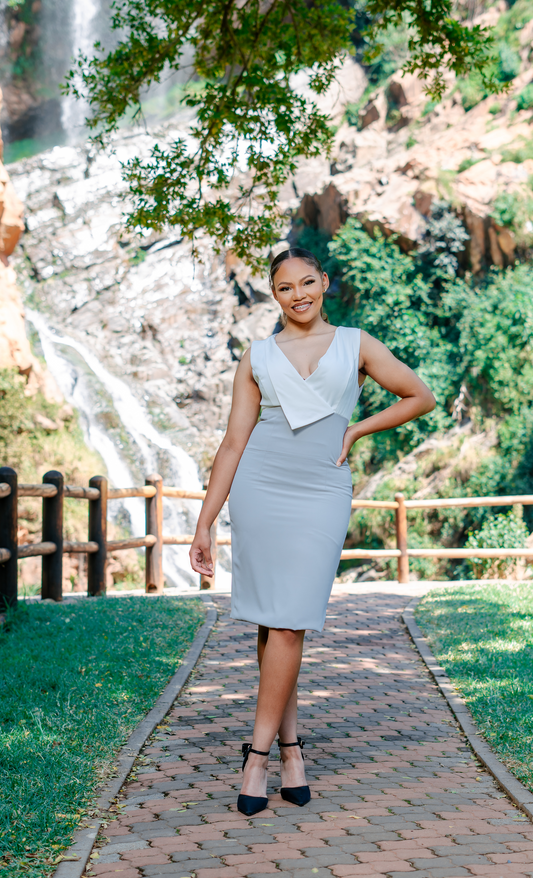 White and Grey Lapel Shift Midi Dress